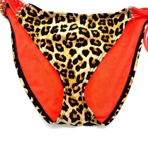 Bongo Bikini Bottom Size Small Leopard Print with Bright Orange Side Tassels - Picture 2 of 8